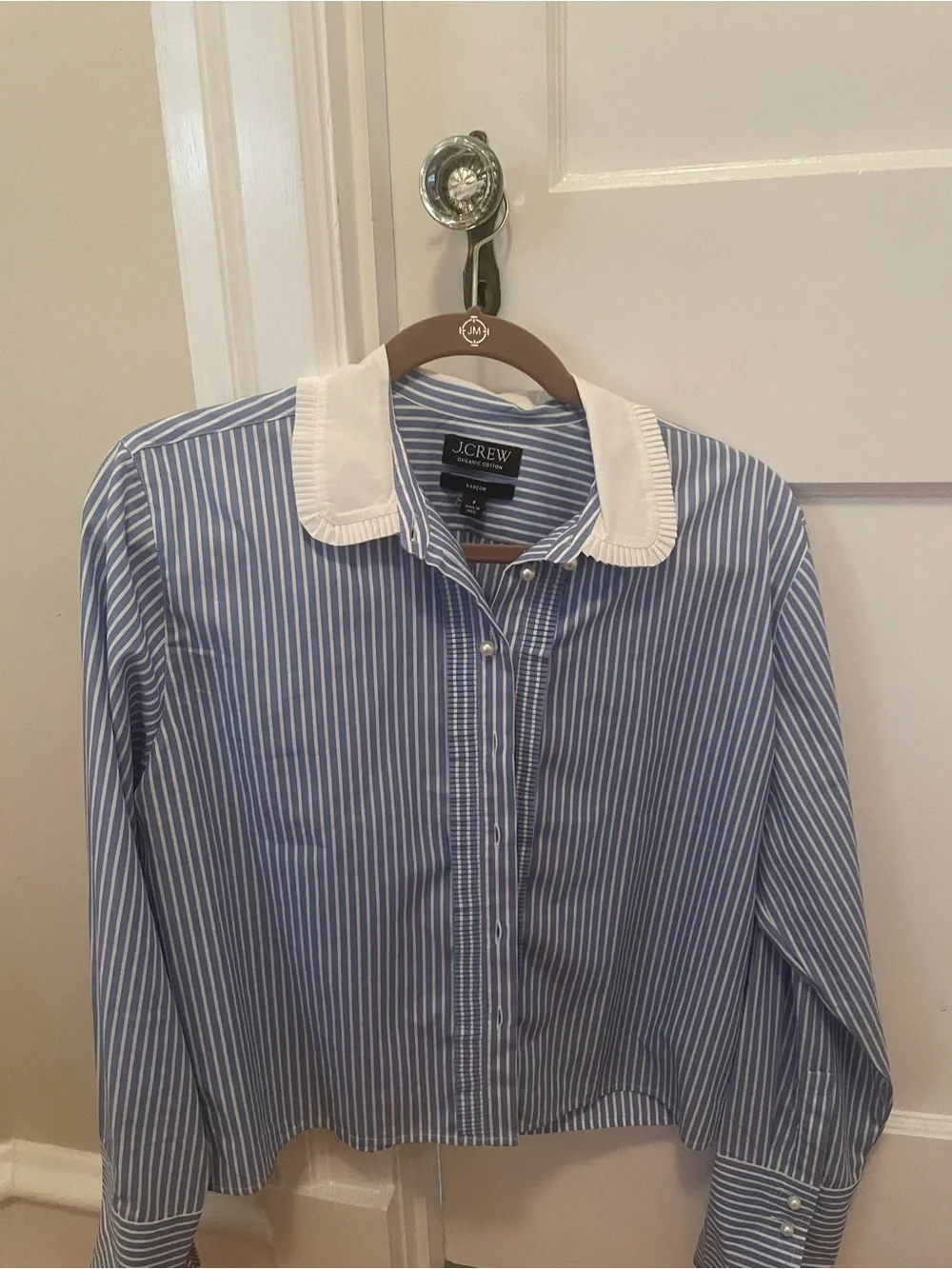 J. Crew cropped garçon Blue and White Pinstripe Shirt with pearl buttons